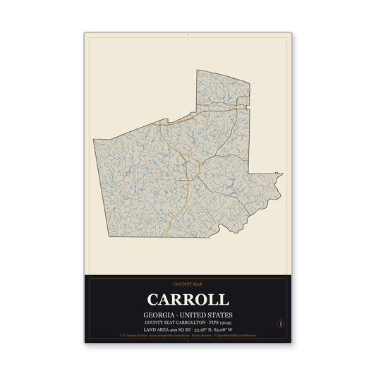 Carroll County, Georgia Map Aluminum Sign in Museum Plaque style