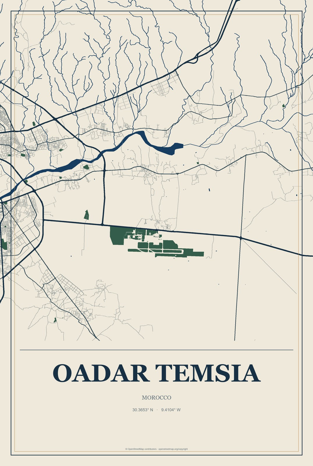 Oadar Temsia, Morocco City Map Aluminum Sign in Coastal Cutout style