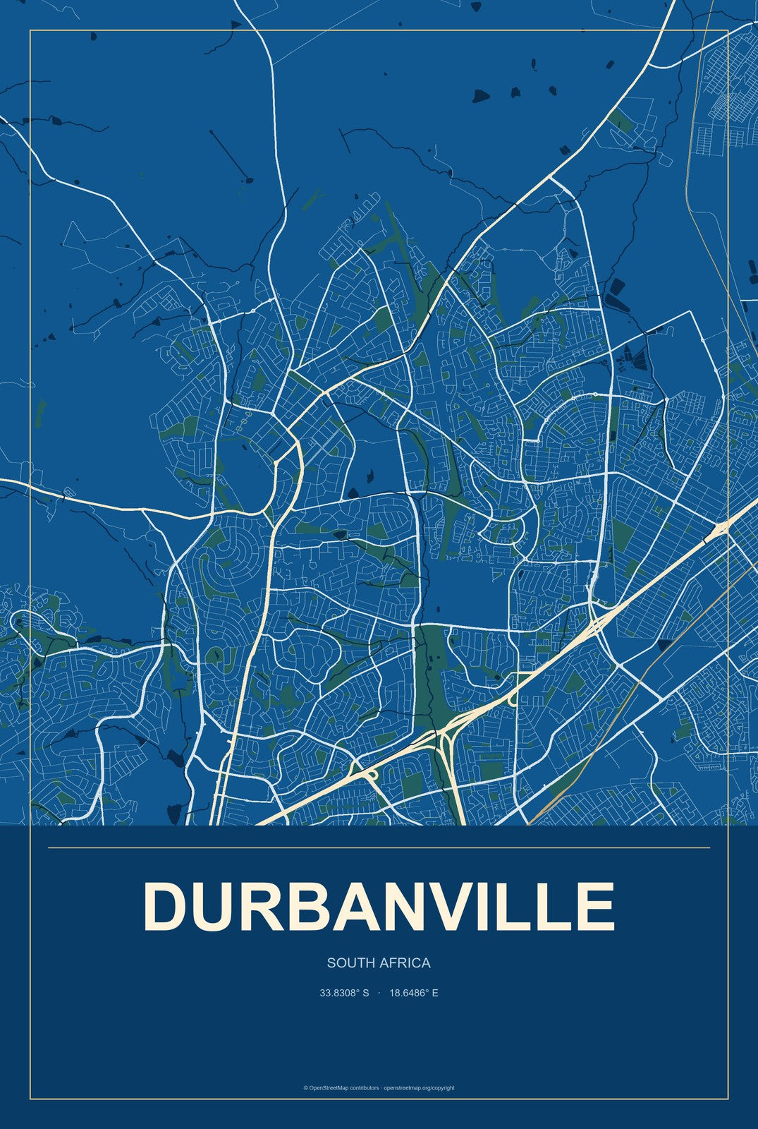 Durbanville, South Africa City Map Aluminum Sign in Harbor Cobalt style