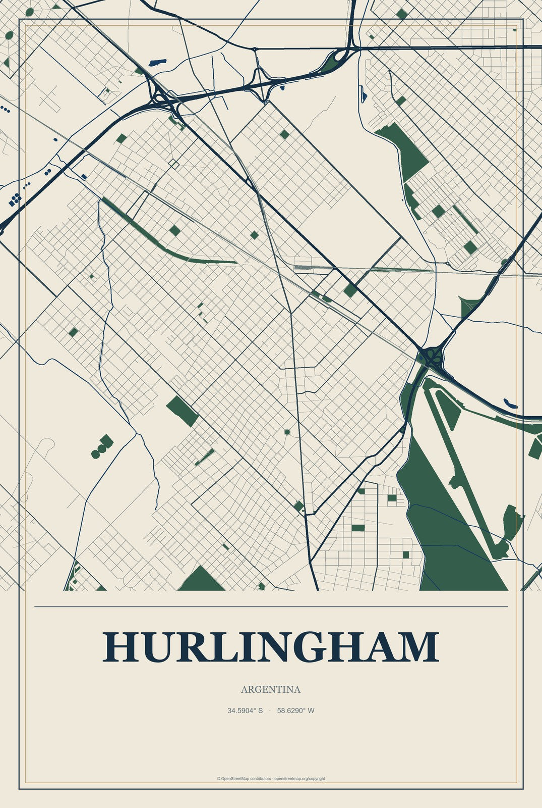 Hurlingham, Argentina City Map Aluminum Sign in Coastal Cutout style