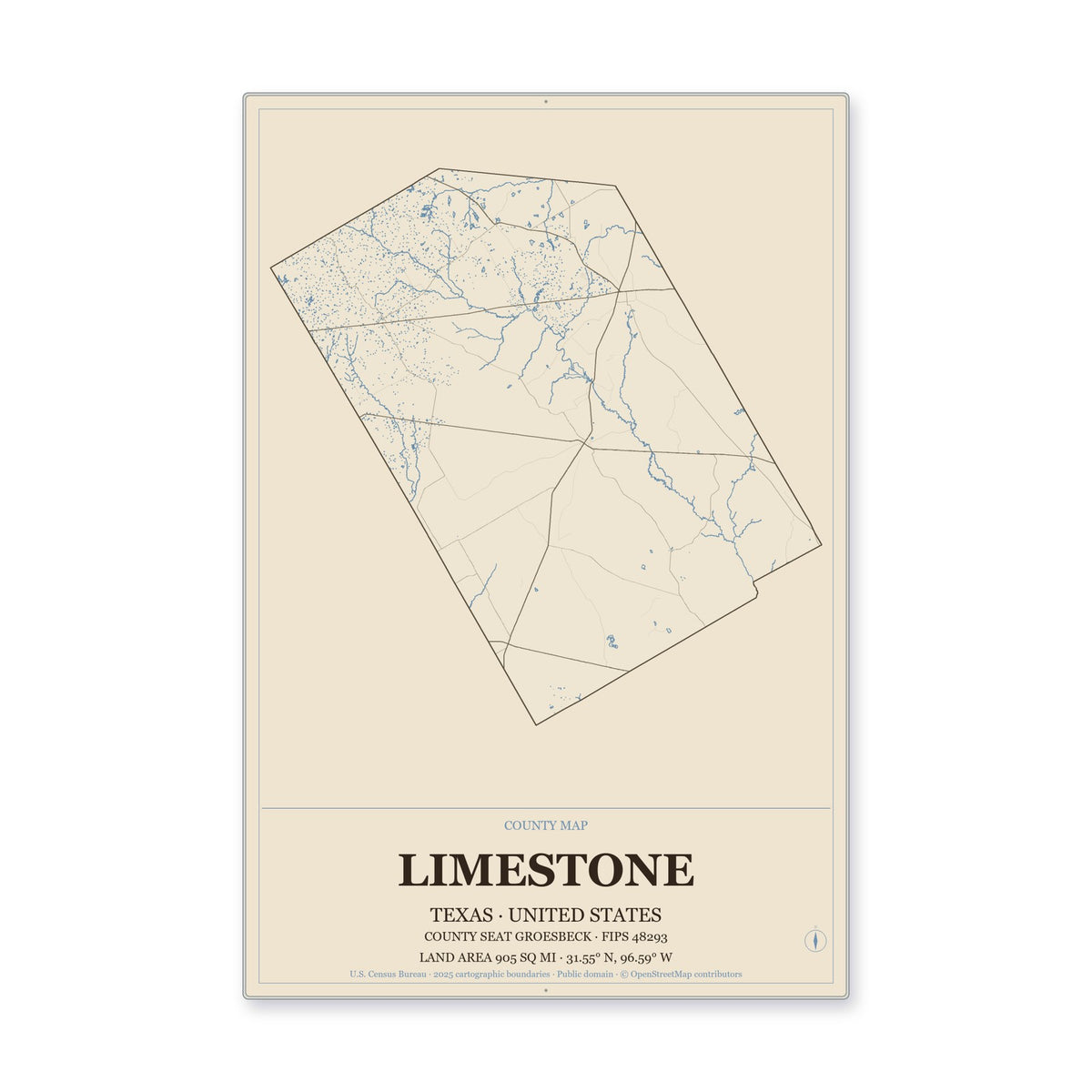 Limestone County, Texas Map Aluminum Sign in Heritage Nautical style