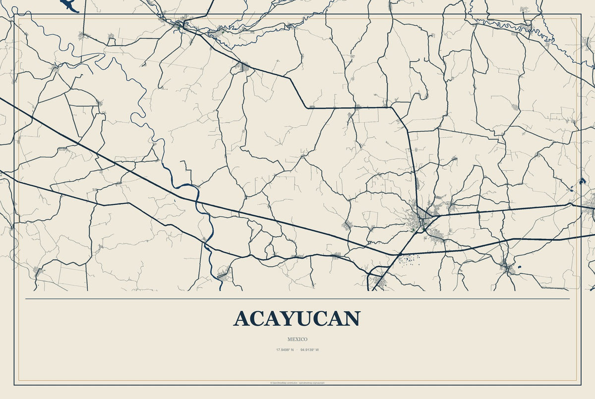 Acayucan, Mexico City Map Aluminum Sign in Coastal Cutout style