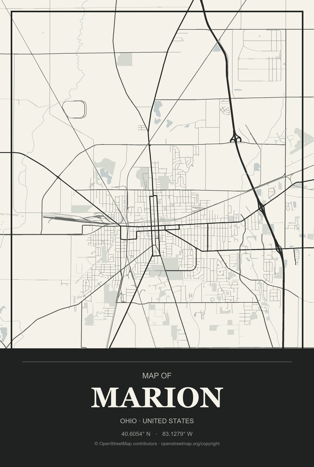 Marion, Ohio City Map Aluminum Sign in Museum Plaque style
