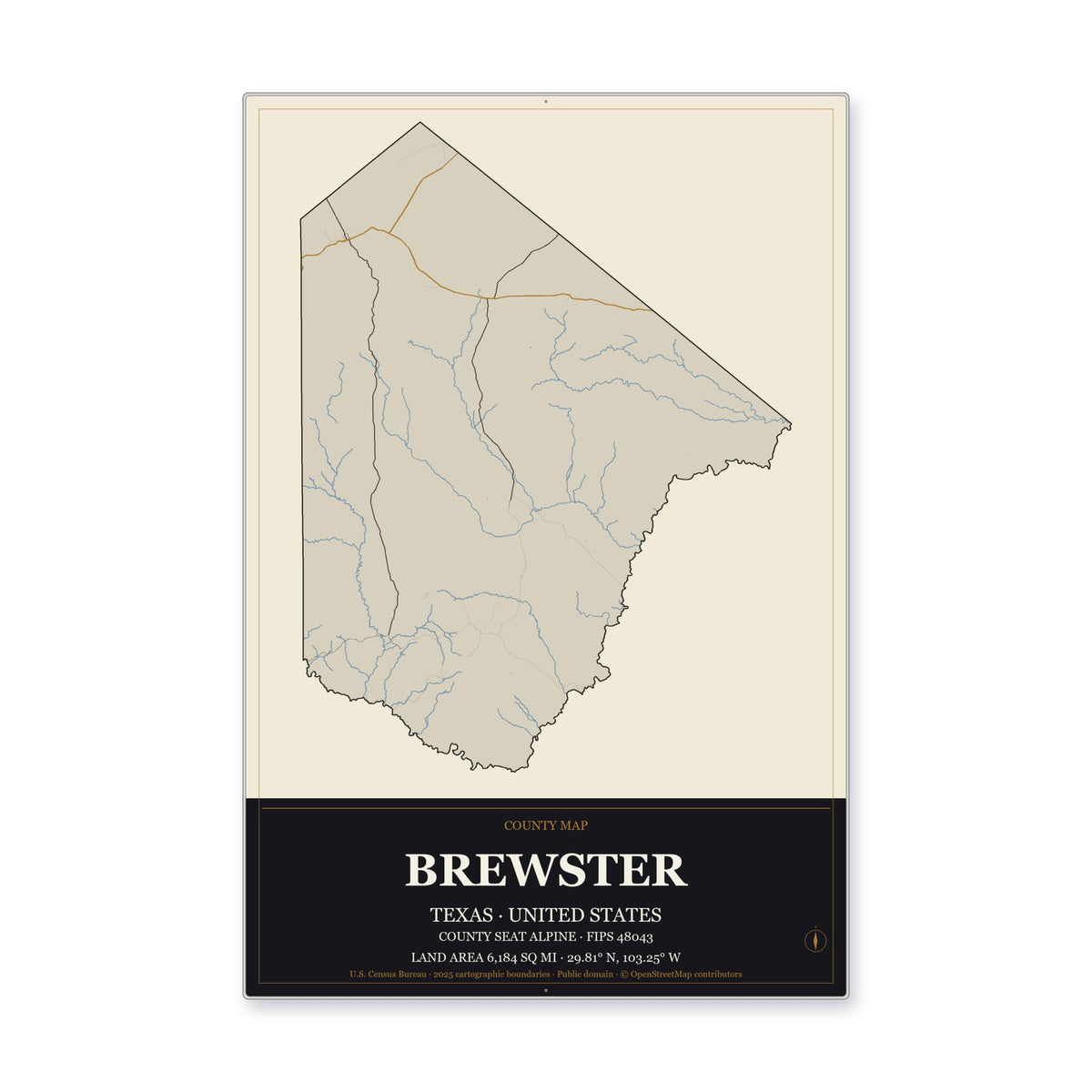 Brewster County, Texas Map Aluminum Sign in Museum Plaque style