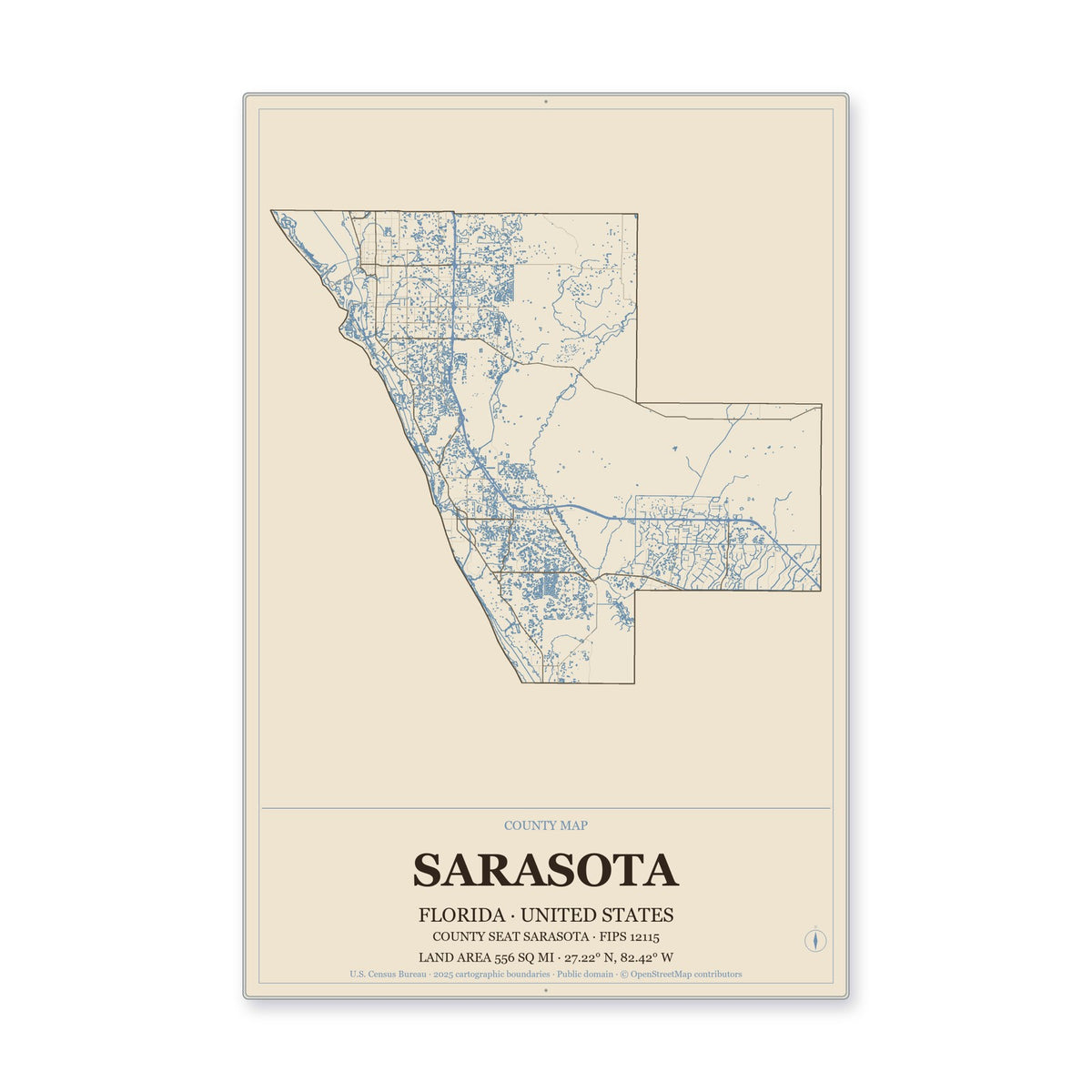 Sarasota County, Florida Map Aluminum Sign in Heritage Nautical style