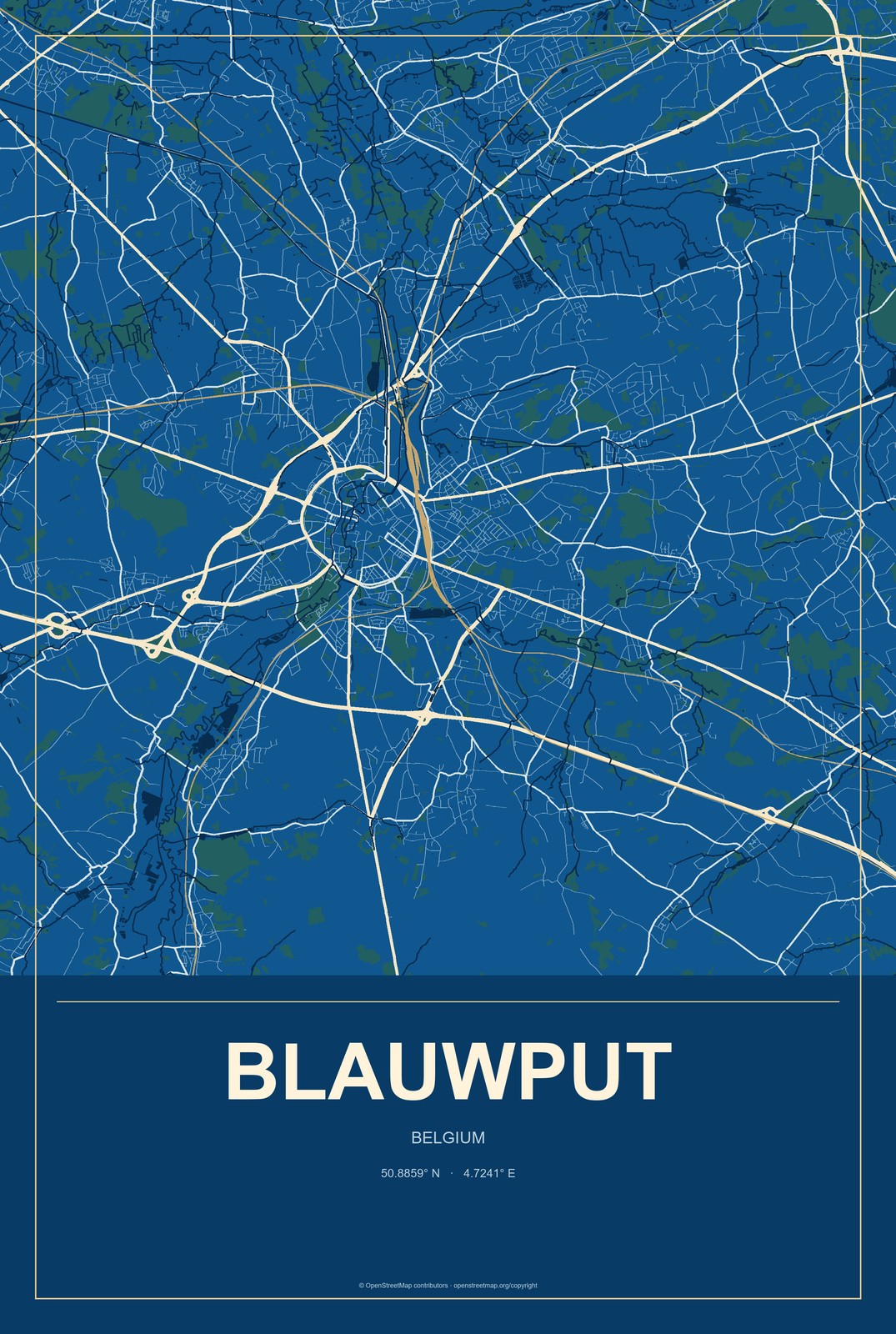 Blauwput, Belgium City Map Aluminum Sign in Harbor Cobalt style