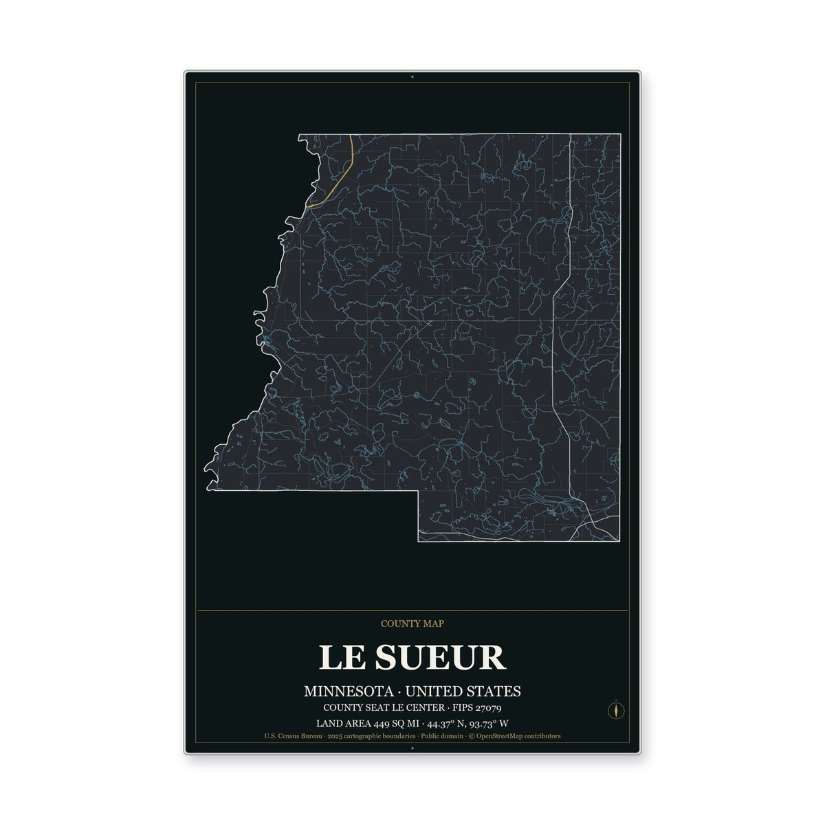 Le Sueur County, Minnesota Map Aluminum Sign in Metropolitan Noir style