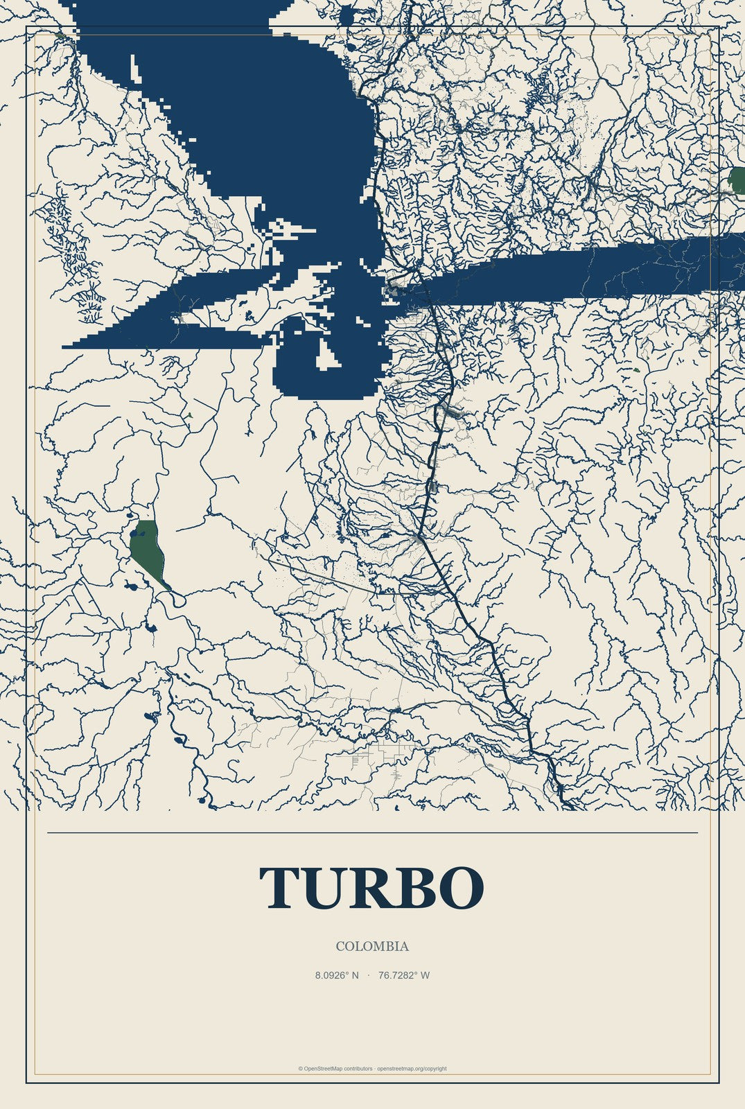 Turbo, Colombia City Map Aluminum Sign in Coastal Cutout style