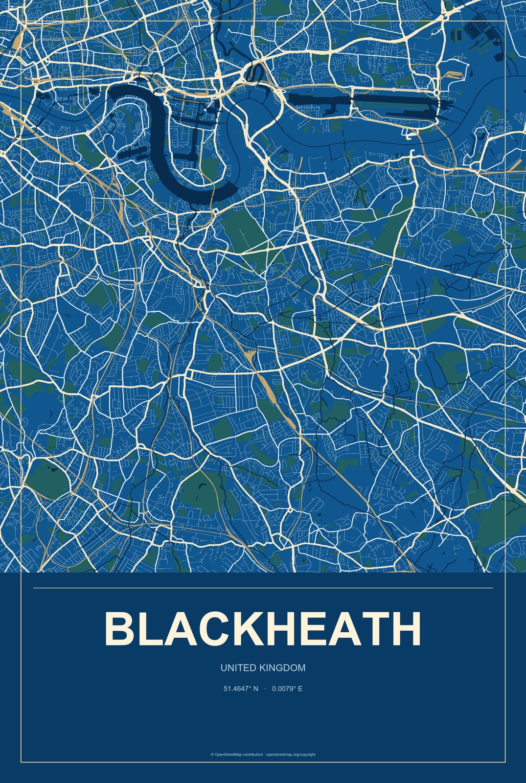 Blackheath, United Kingdom City Map Aluminum Sign in Harbor Cobalt style