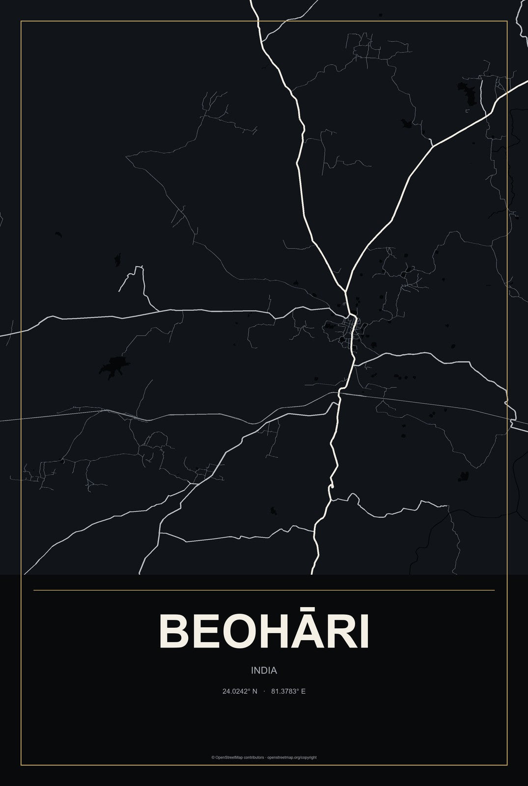 Beohāri, India City Map Aluminum Sign in Metropolitan Noir style