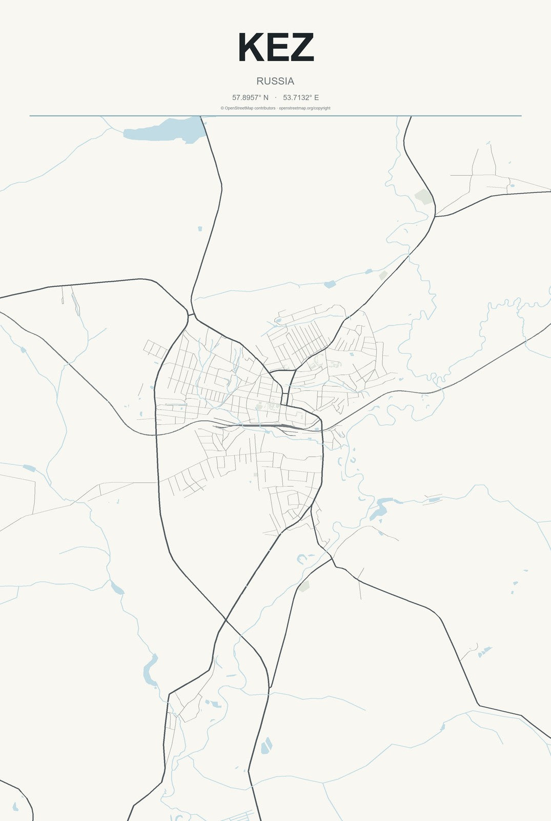 Kez, Russia City Map Aluminum Sign in Headline Atlas style
