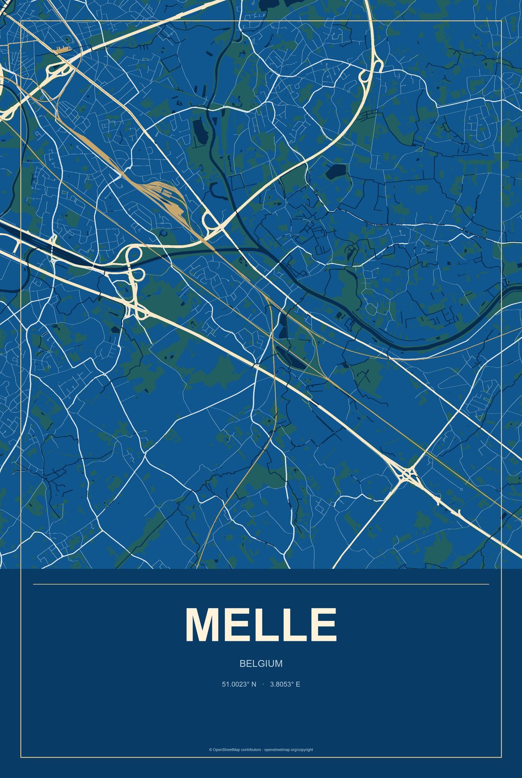 Melle, Belgium City Map Aluminum Sign in Harbor Cobalt style