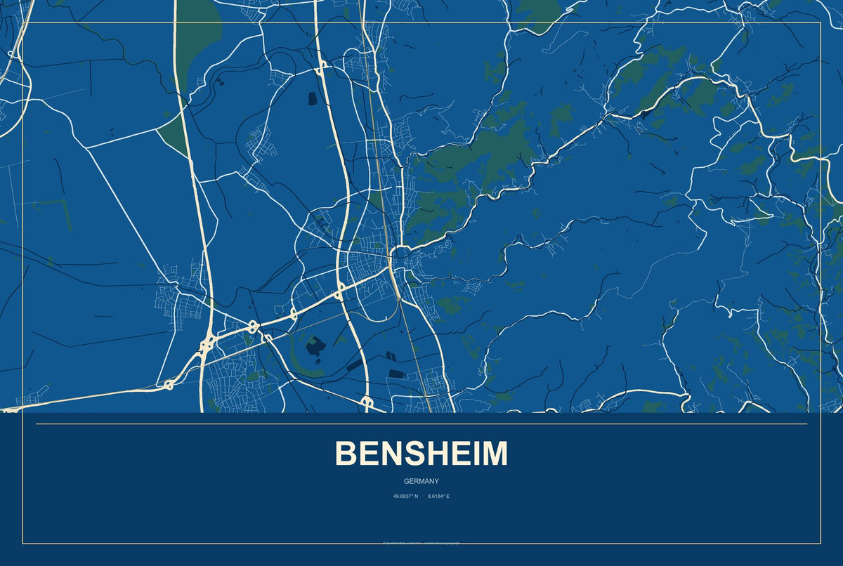 Bensheim, Germany City Map Aluminum Sign in Harbor Cobalt style