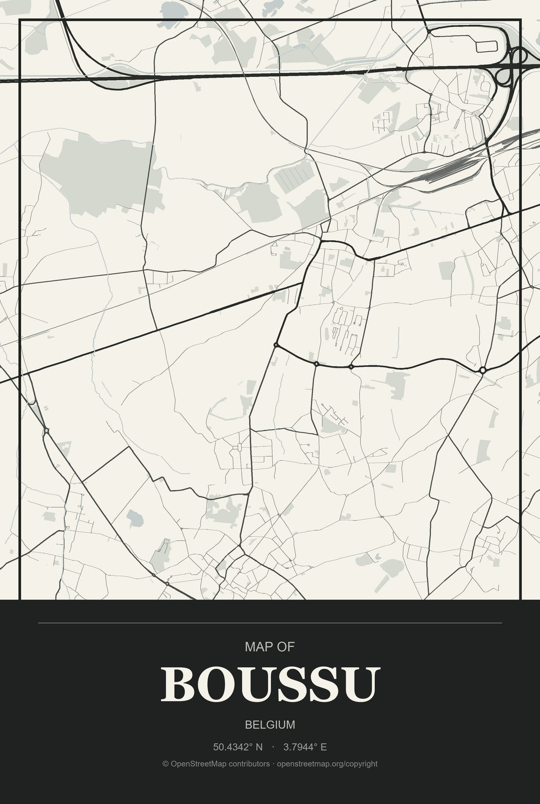 Boussu, Belgium City Map Aluminum Sign in Museum Plaque style