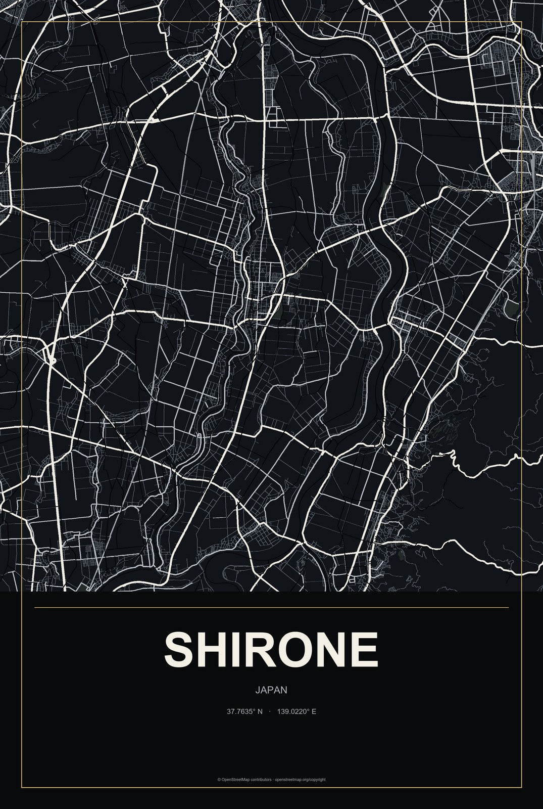 Shirone, Japan City Map Aluminum Sign in Metropolitan Noir style