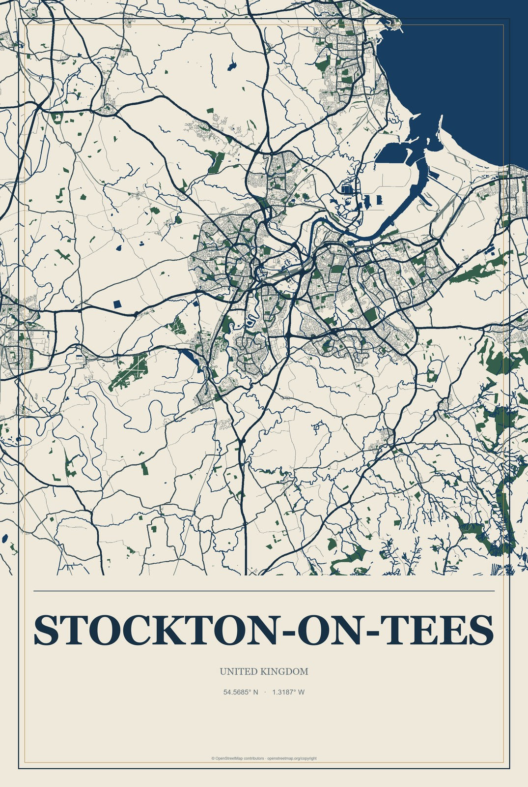 Stockton-on-Tees, United Kingdom City Map Aluminum Sign in Coastal Cutout style