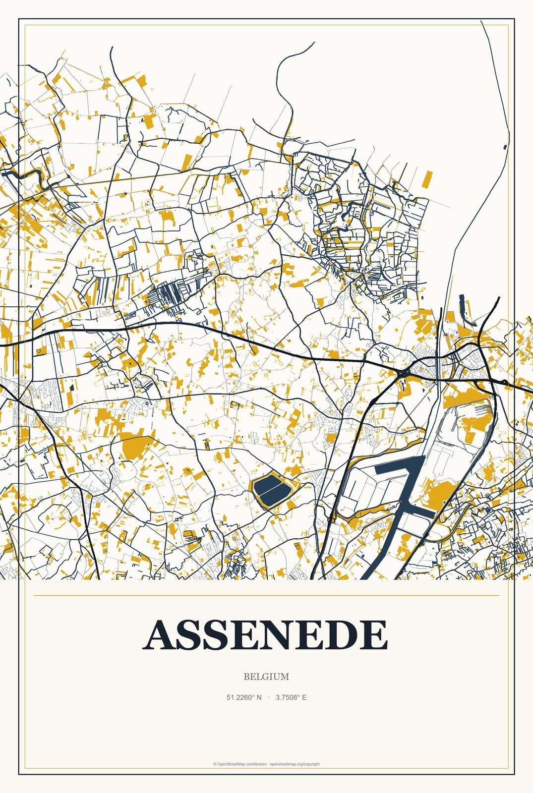 Assenede, Belgium City Map Aluminum Sign in Citrine Modern style