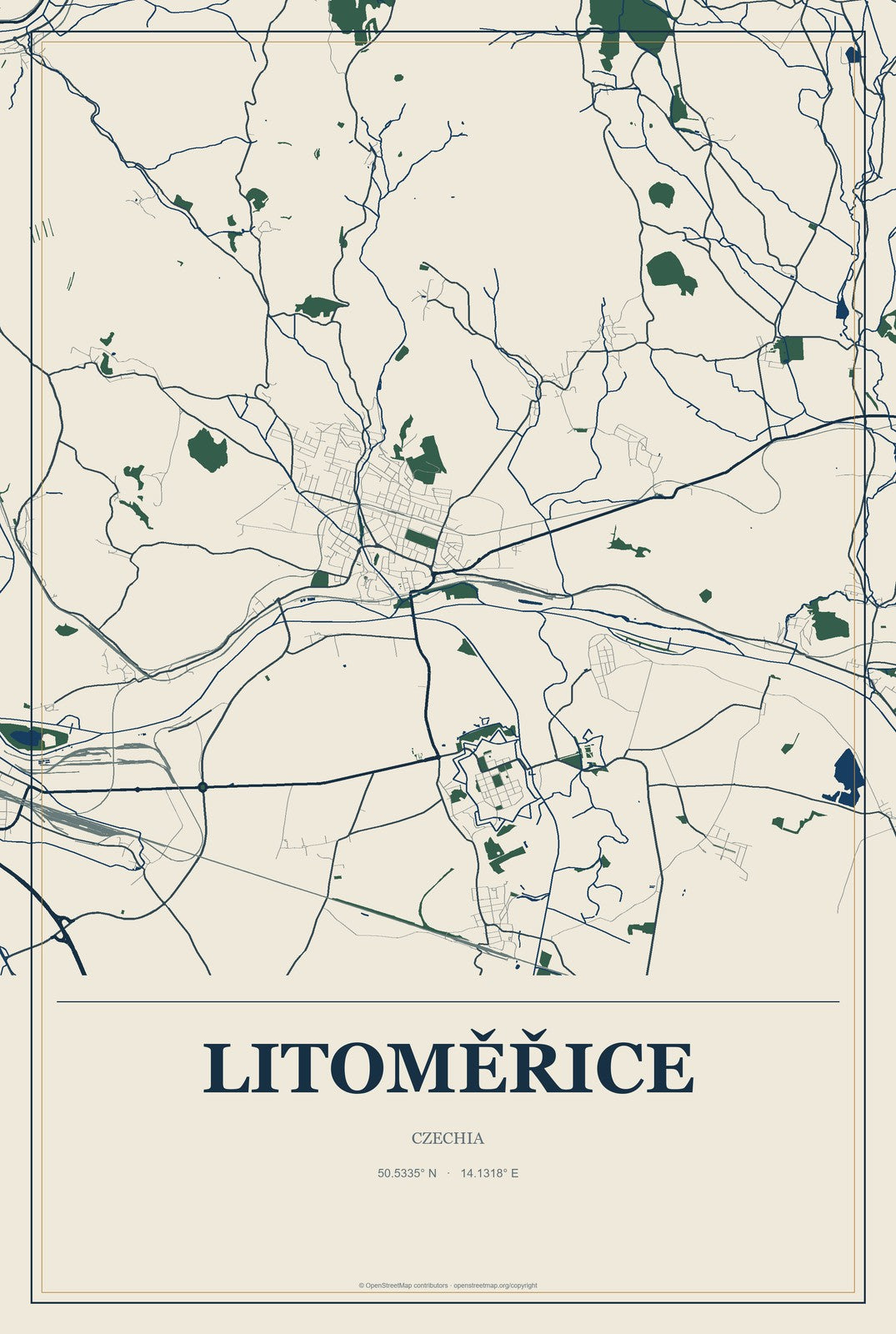 Litoměřice, Czechia City Map Aluminum Sign in Coastal Cutout style
