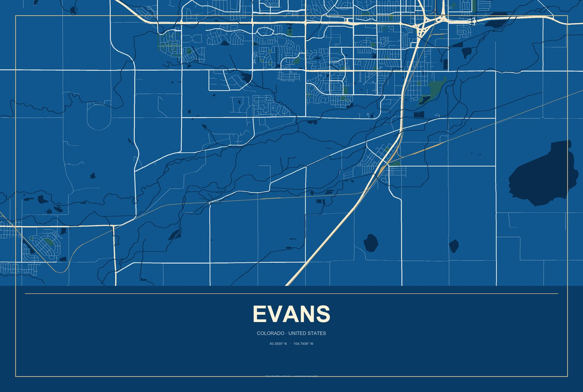 Evans, Colorado City Map Aluminum Sign in Harbor Cobalt style