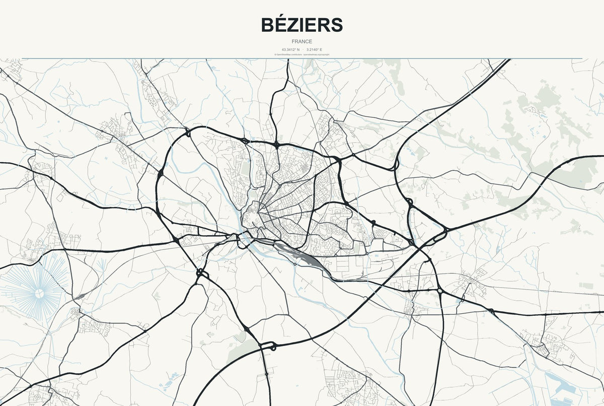 Béziers, France City Map Aluminum Sign in Headline Atlas style
