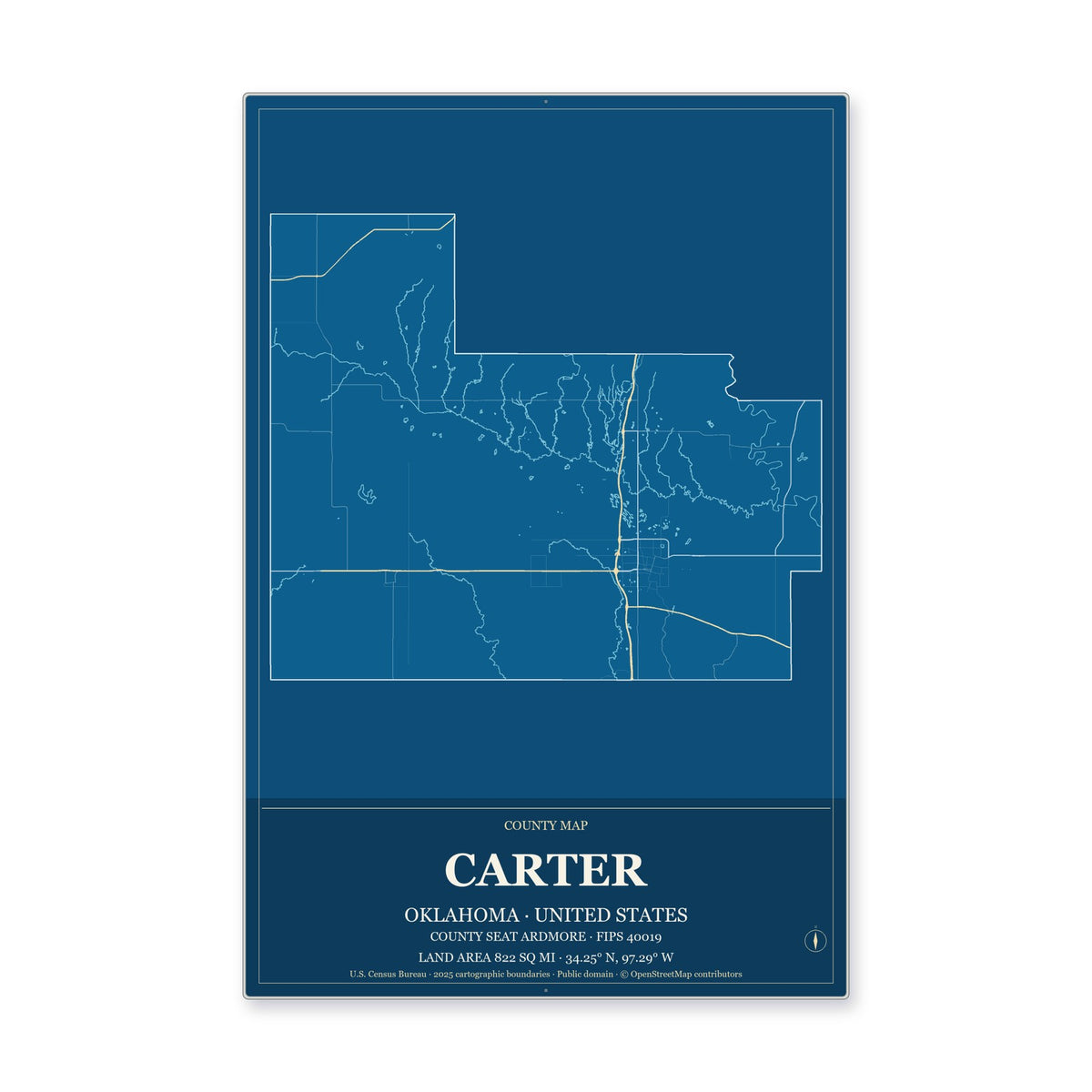 Carter County, Oklahoma Map Aluminum Sign in Harbor Cobalt style