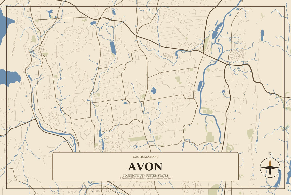 Avon, Connecticut City Map Aluminum Sign in Heritage Nautical style