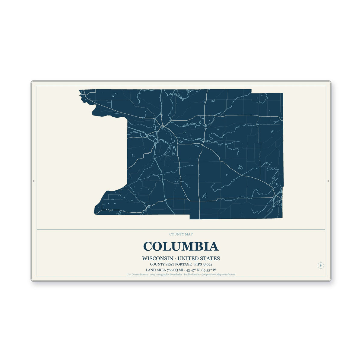 Columbia County, Wisconsin Map Aluminum Sign in Coastal Cutout style