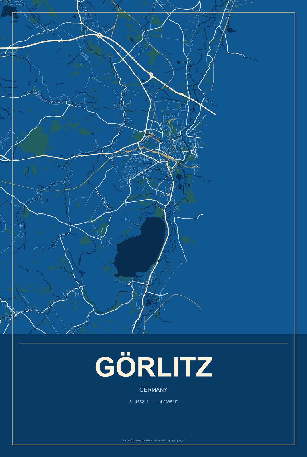 Görlitz, Germany City Map Aluminum Sign in Harbor Cobalt style