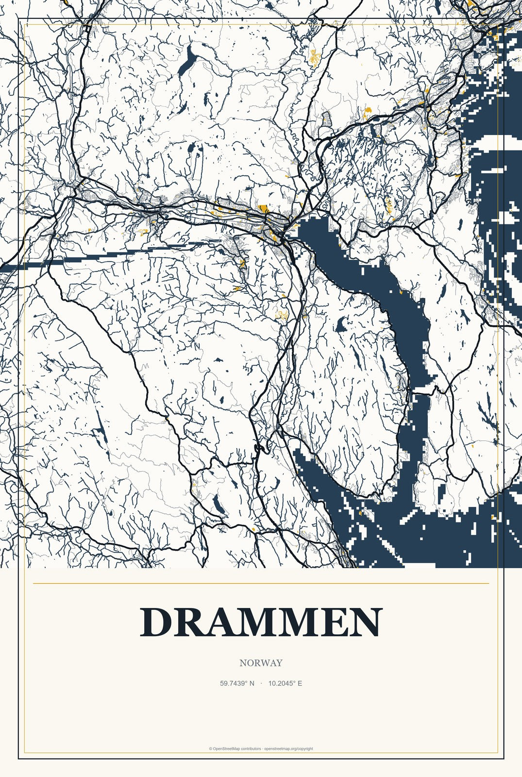 Drammen, Norway City Map Aluminum Sign in Citrine Modern style