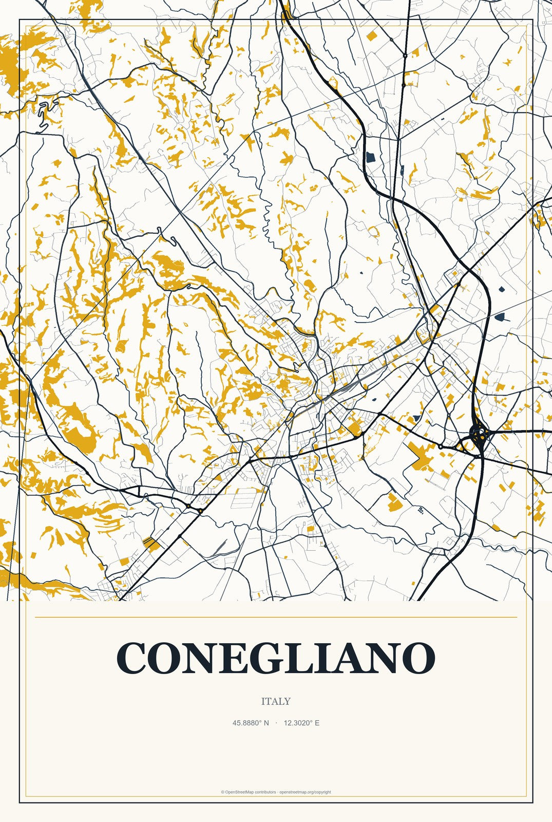 Conegliano, Italy City Map Aluminum Sign in Citrine Modern style