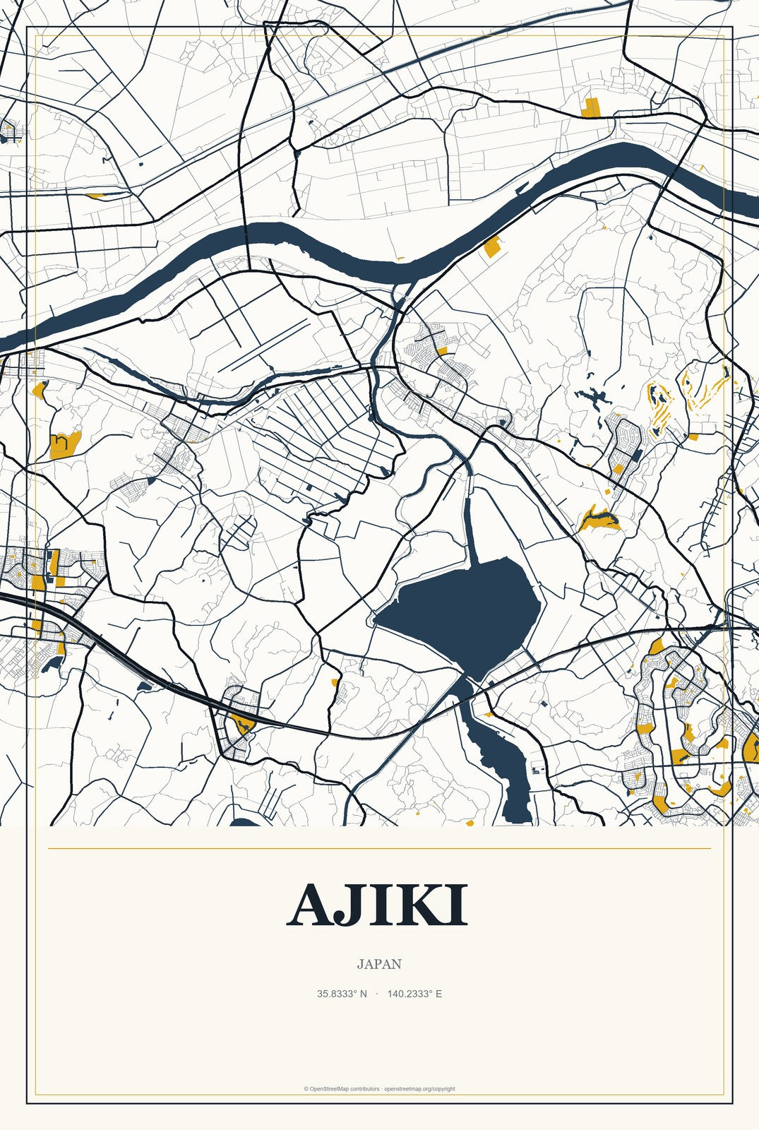 Ajiki, Japan City Map Aluminum Sign in Citrine Modern style