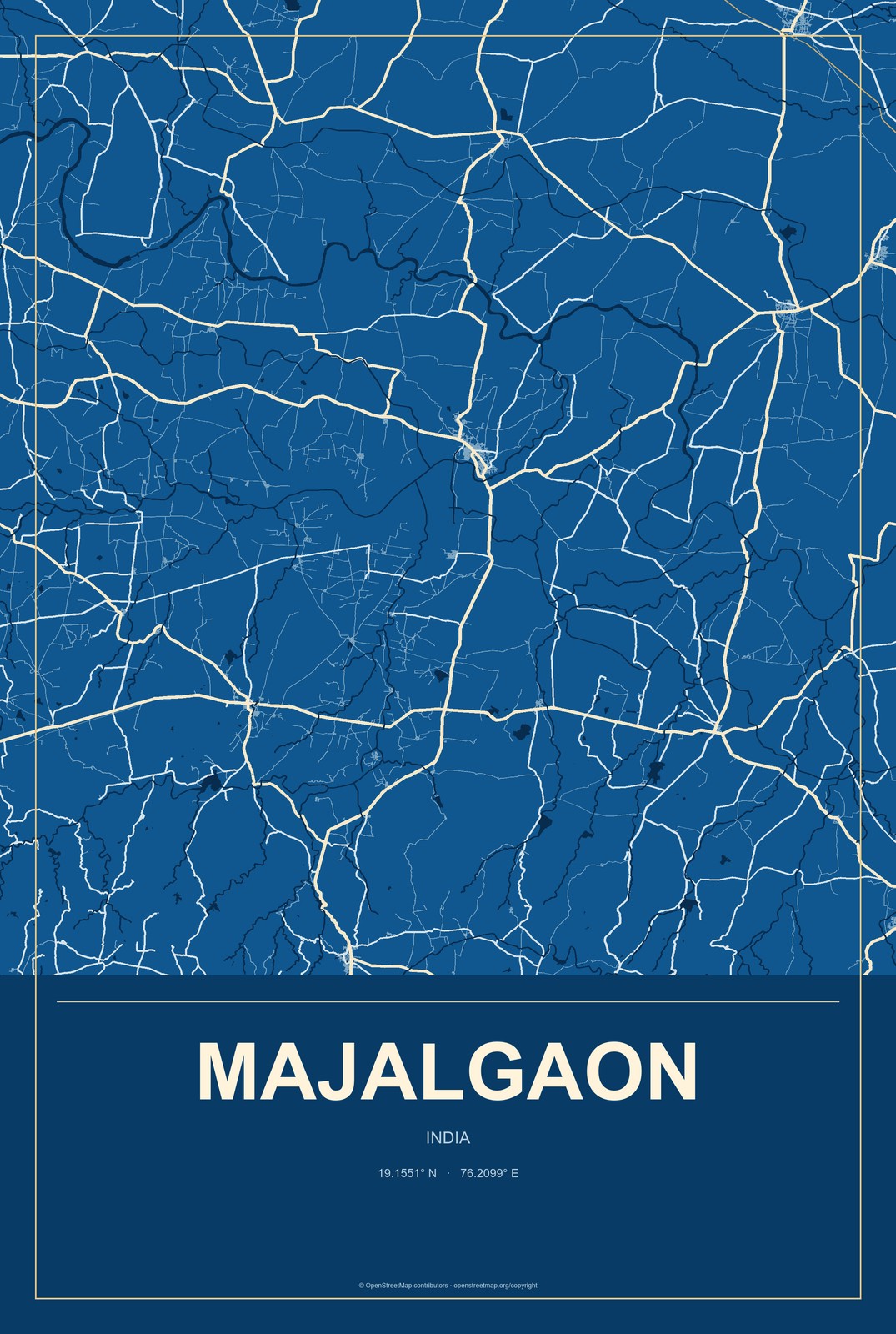 Majalgaon, India City Map Aluminum Sign in Harbor Cobalt style