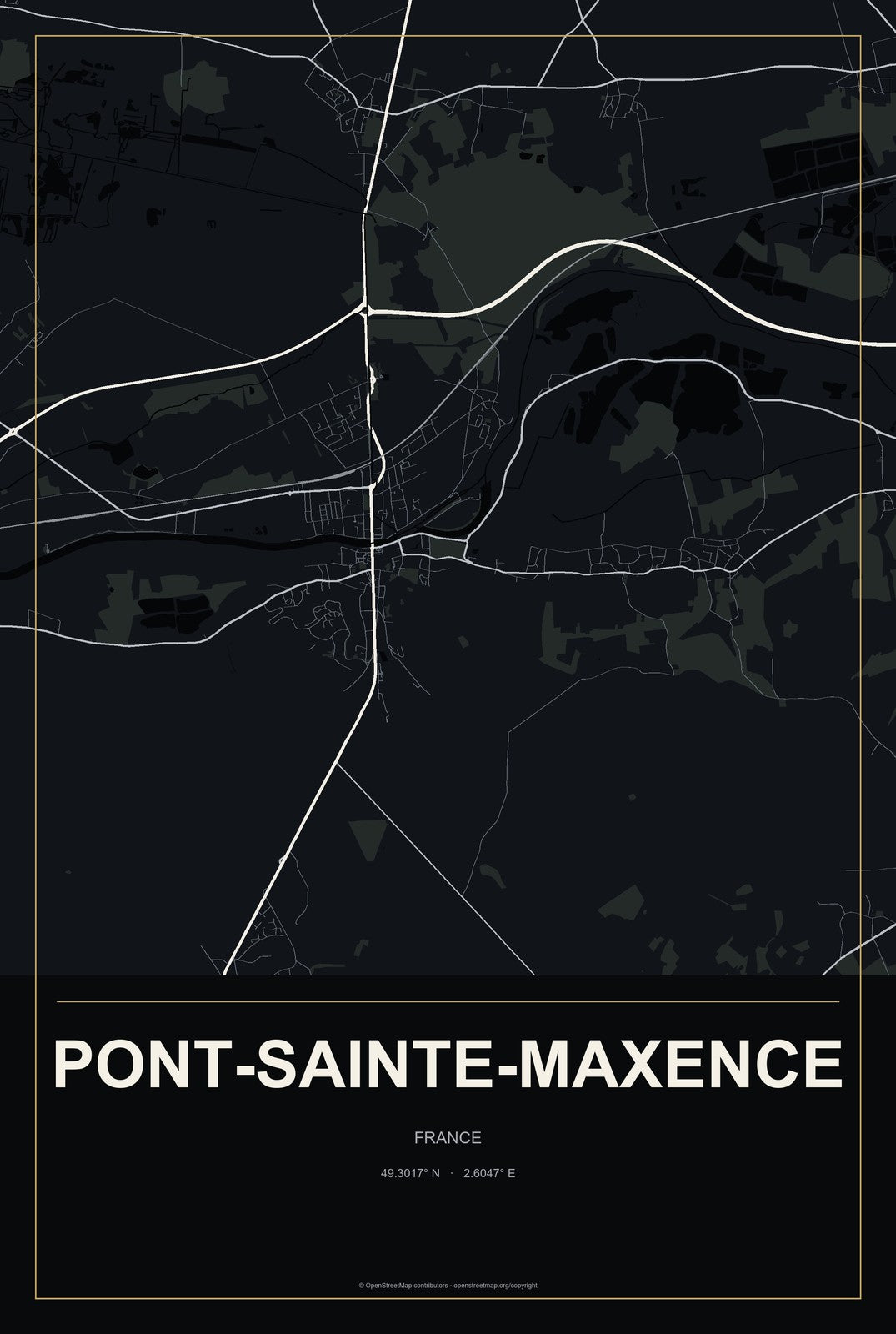 Pont-Sainte-Maxence, France City Map Aluminum Sign in Metropolitan Noir style