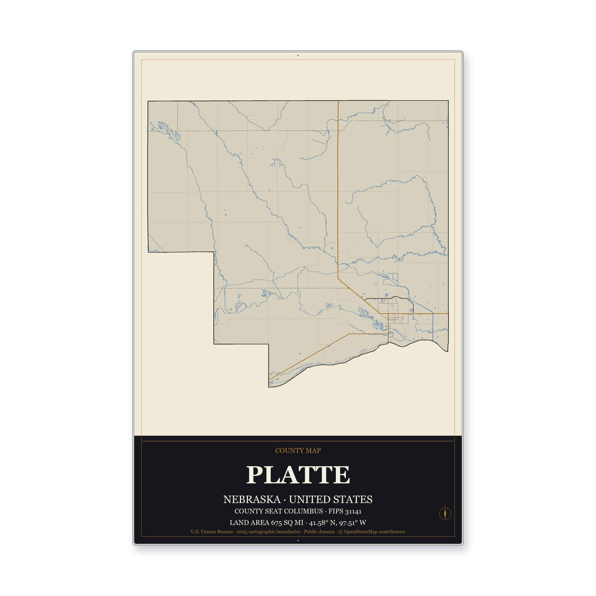 Platte County, Nebraska Map Aluminum Sign in Museum Plaque style