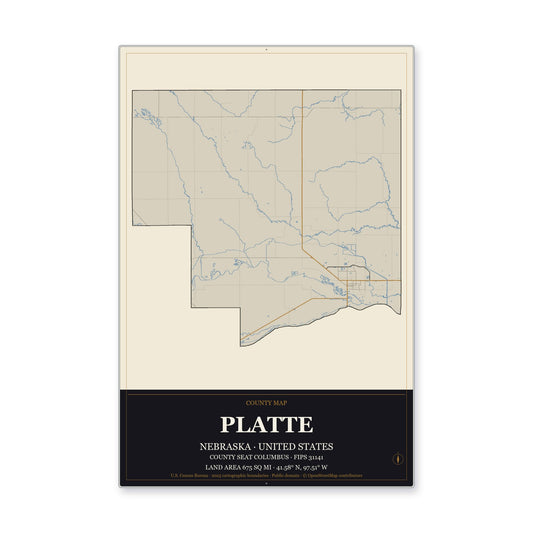 Platte County, Nebraska Map Aluminum Sign in Museum Plaque style