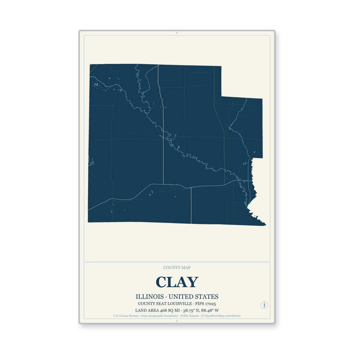 Clay County, Illinois Map Aluminum Sign in Coastal Cutout style
