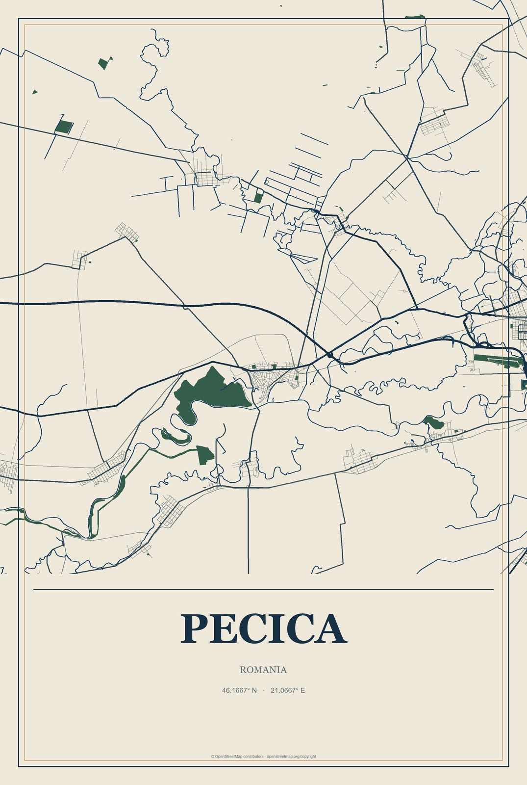 Pecica, Romania City Map Aluminum Sign in Coastal Cutout style