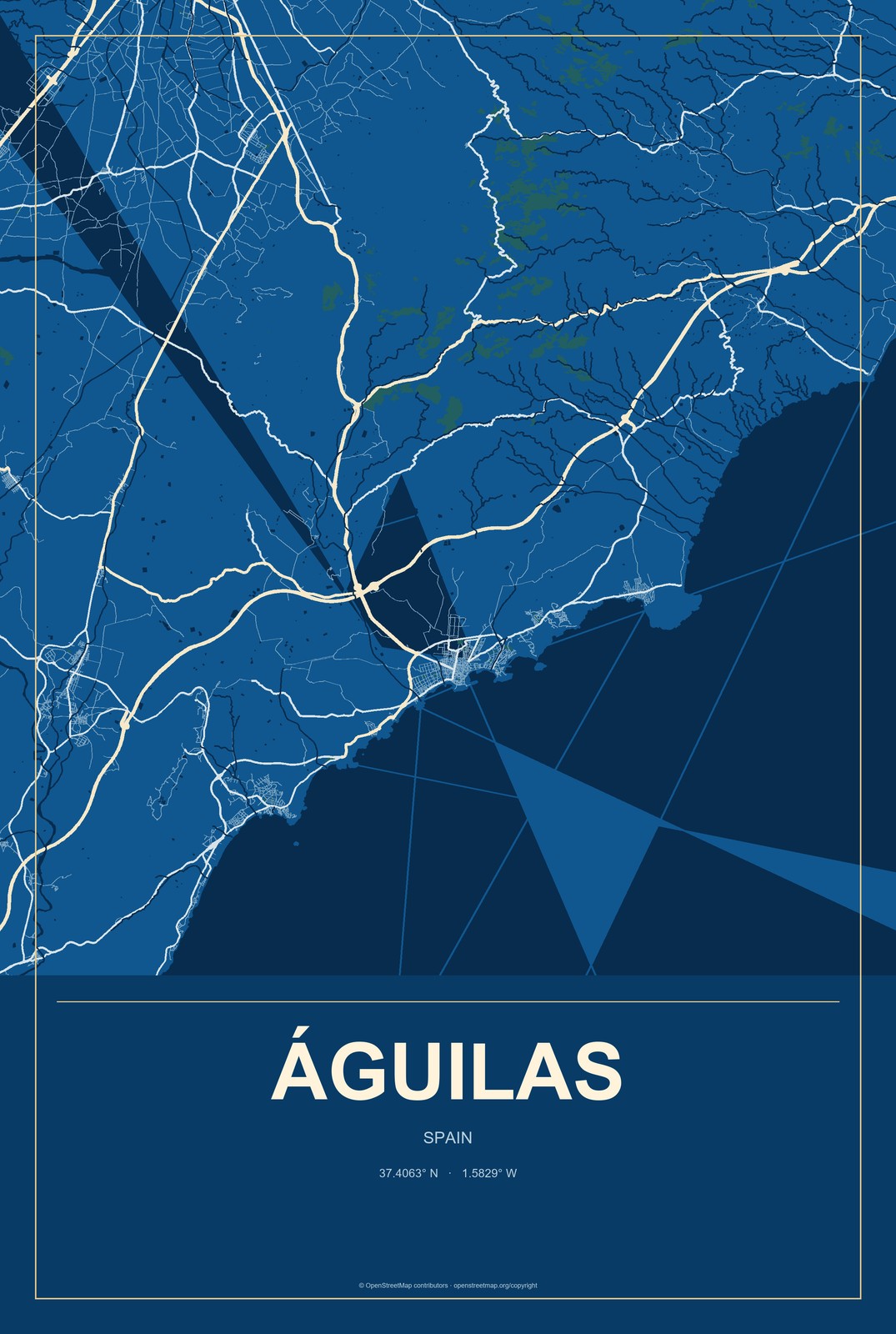 Águilas, Spain City Map Aluminum Sign in Harbor Cobalt style