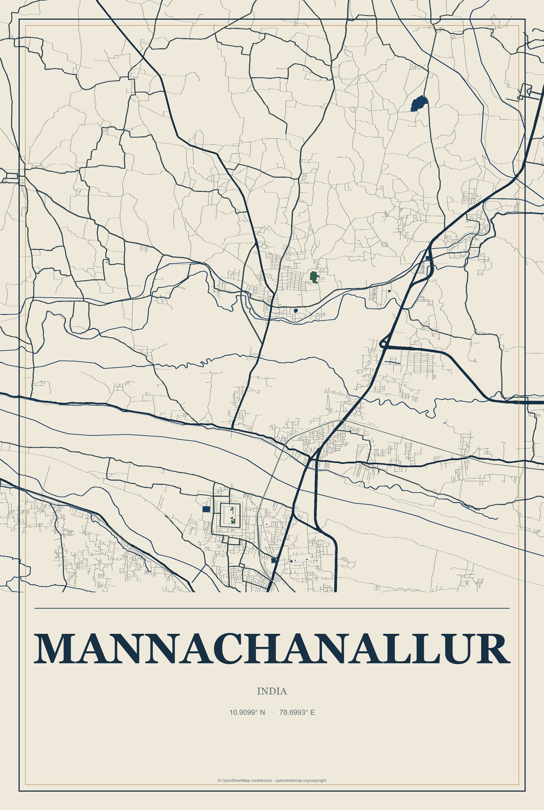 Mannachanallur, India City Map Aluminum Sign in Coastal Cutout style