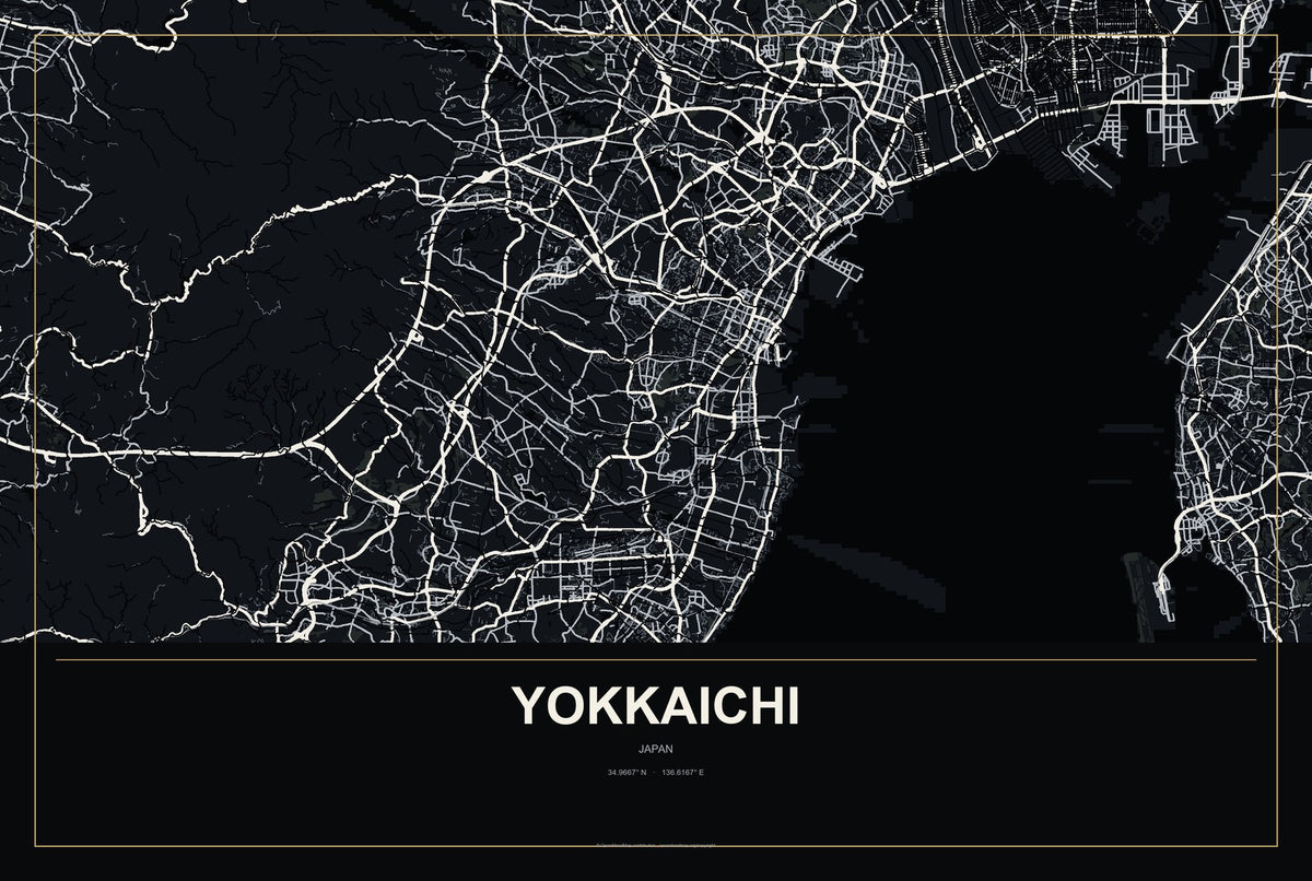 Yokkaichi, Mie, Japan City Map Aluminum Sign in Metropolitan Noir style