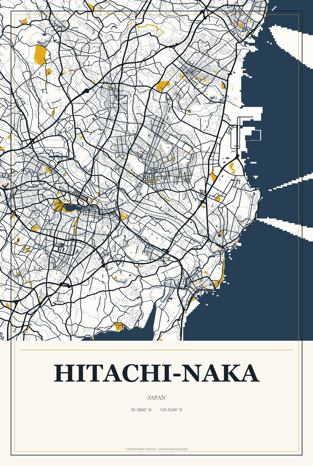 Hitachi-Naka, Japan City Map Aluminum Sign in Citrine Modern style