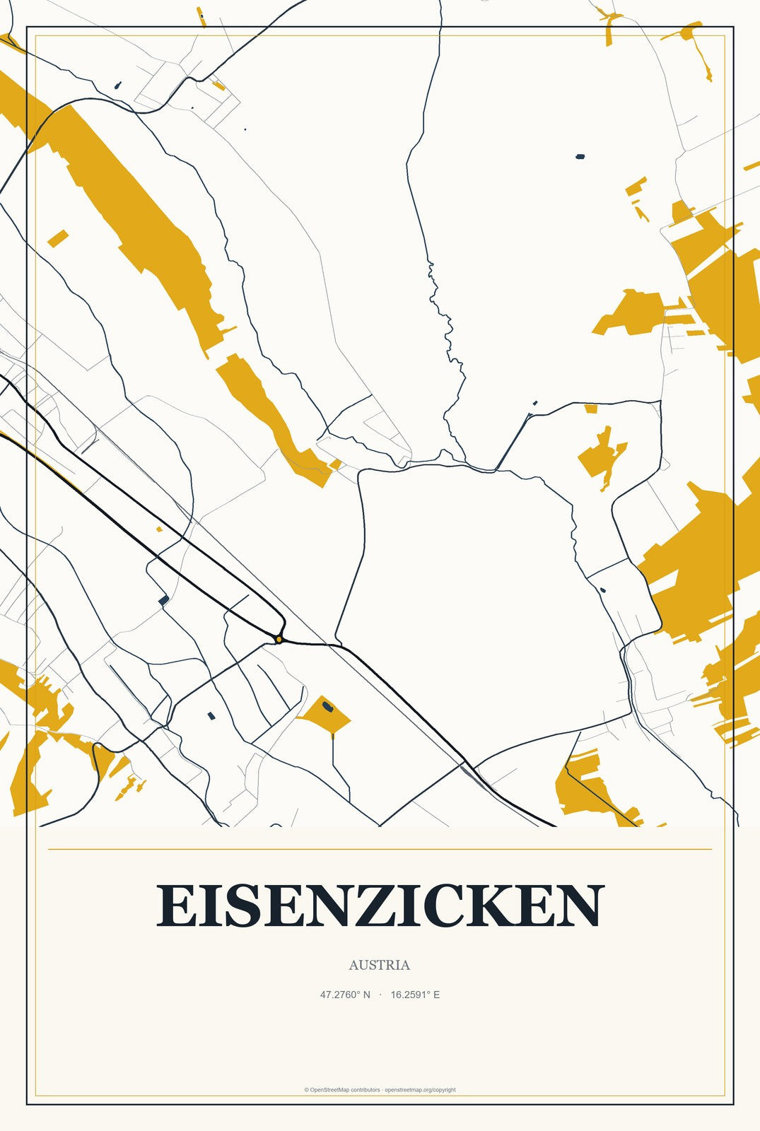Eisenzicken, Austria City Map Aluminum Sign in Citrine Modern style