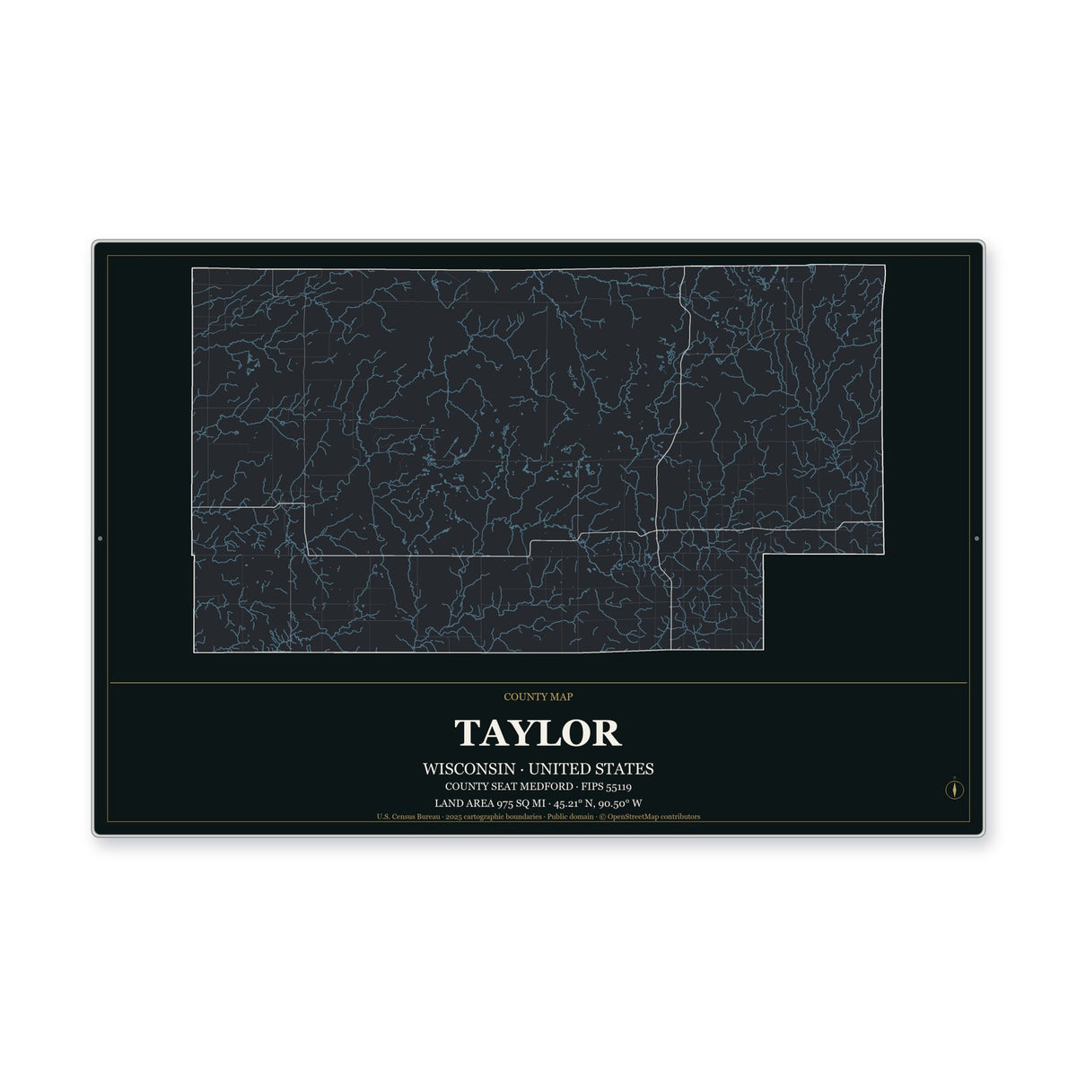 Taylor County, Wisconsin Map Aluminum Sign in Metropolitan Noir style