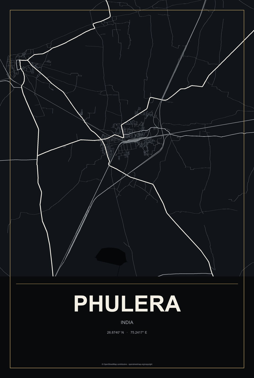 Phulera, India City Map Aluminum Sign in Metropolitan Noir style