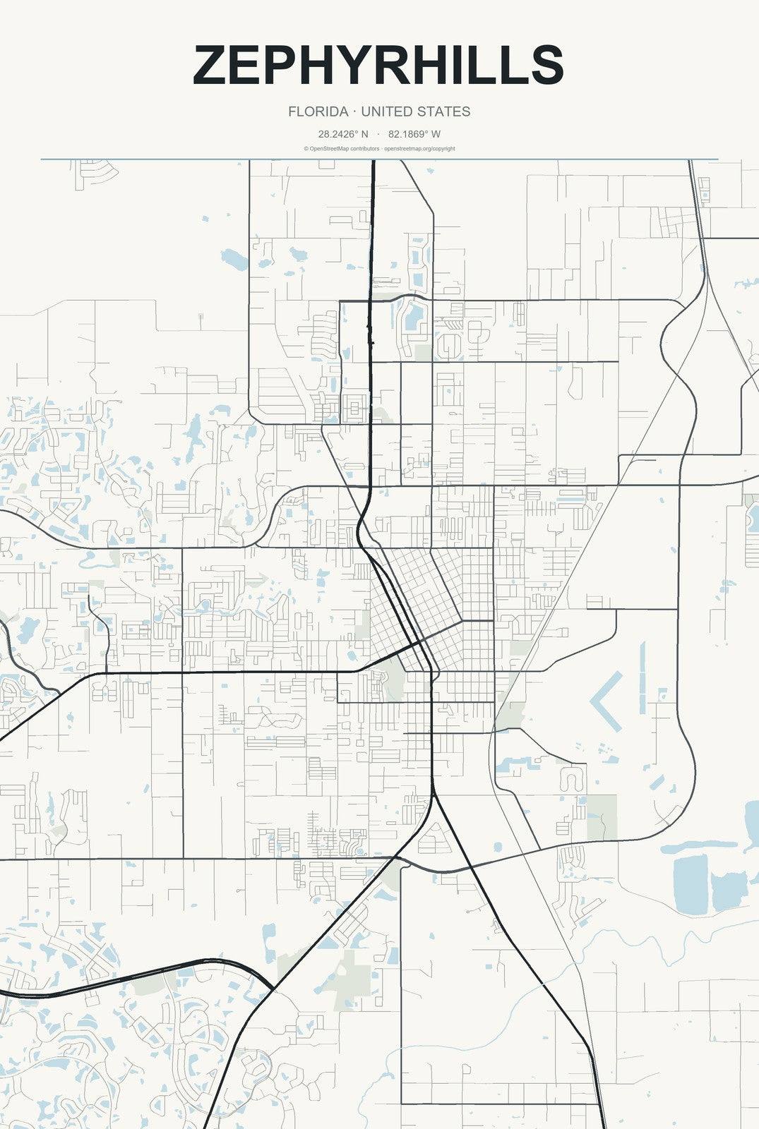 Zephyrhills, Florida City Map Aluminum Sign in Headline Atlas style