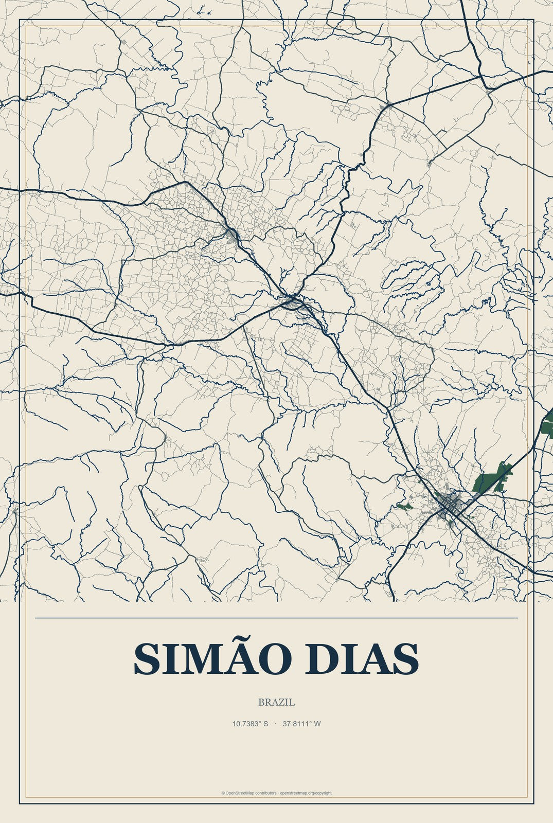 Simão Dias, Brazil City Map Aluminum Sign in Coastal Cutout style