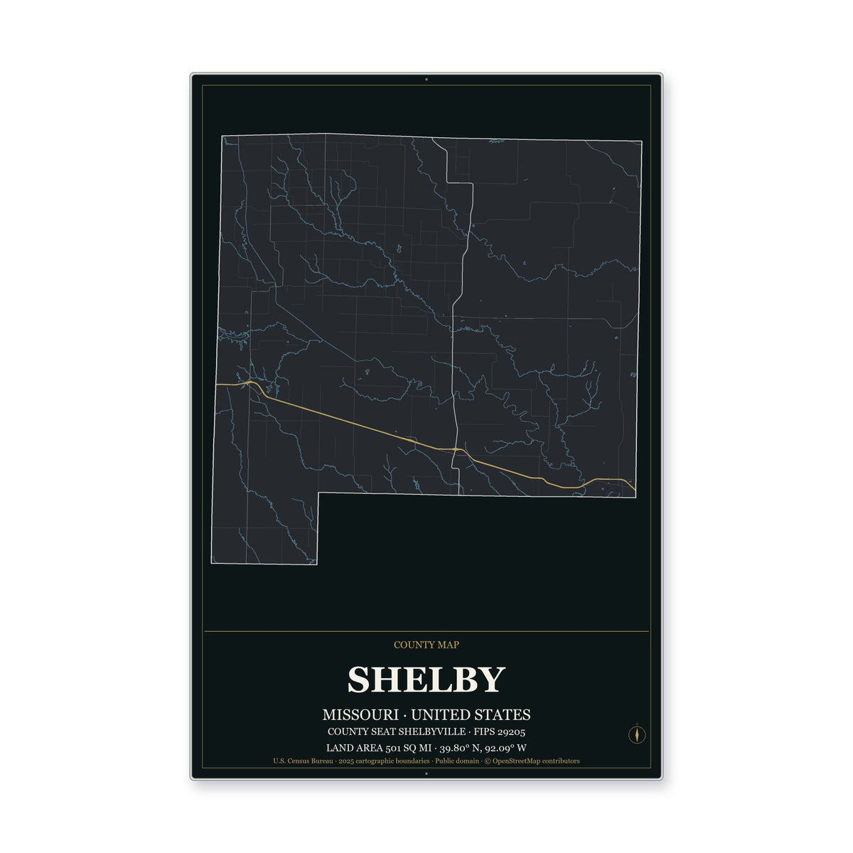 Shelby County, Missouri Map Aluminum Sign in Metropolitan Noir style
