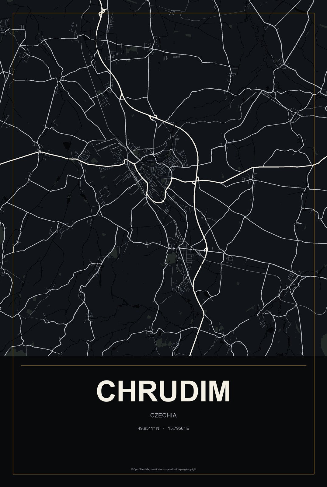 Chrudim, Czechia City Map Aluminum Sign in Metropolitan Noir style