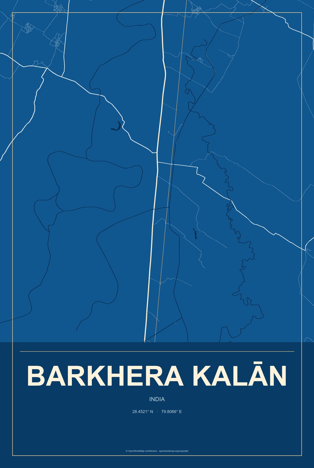Barkhera Kalān, India City Map Aluminum Sign in Harbor Cobalt style