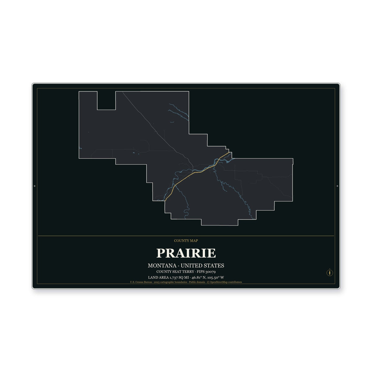 Prairie County, Montana Map Aluminum Sign in Metropolitan Noir style